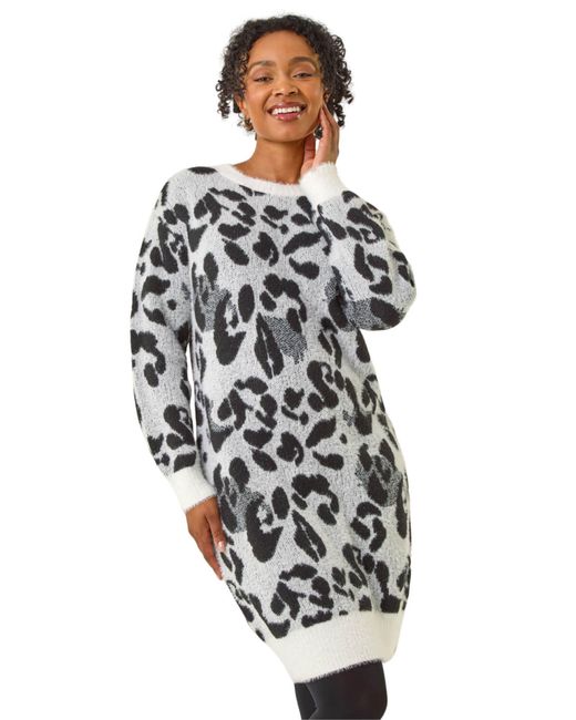 Roman White Petite Animal Print Knitted Dress