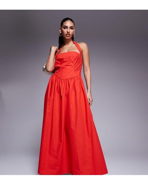 Kaiia Red Exclusive Cotton Rich Poplin Square Neck Halter Maxi Dress