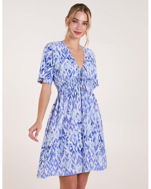 Blue Vanilla Blue Abstract Shirred Waist V Neck Dress