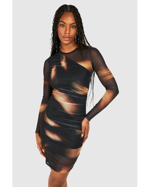 Boohoo Black Tall Abstract Mesh Ruched Mini Dress