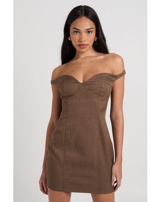 Boohoo Brown Bardot Cup Detail Tailored Mini Dress