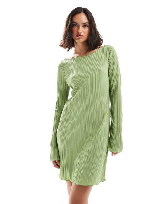 Vero Moda Green Plisse Mini Dress With Fluted Sleeve
