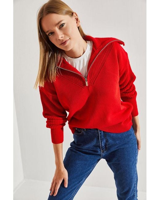 Bianco Lucci Red Zipper Collar Knit Sweater