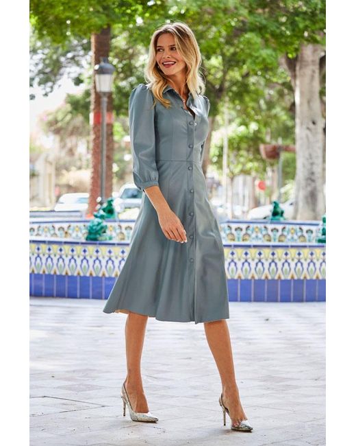 Sosandar Green Soft Faux Leather Popper Front Shirt Dress