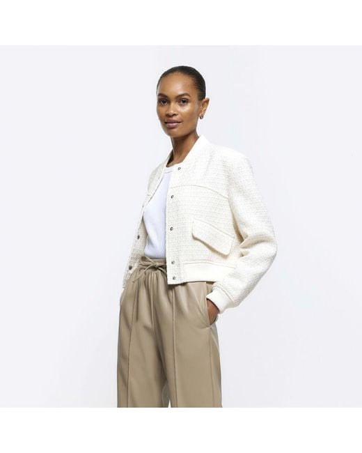 River Island White Bomber Jacket Boucle Tailored