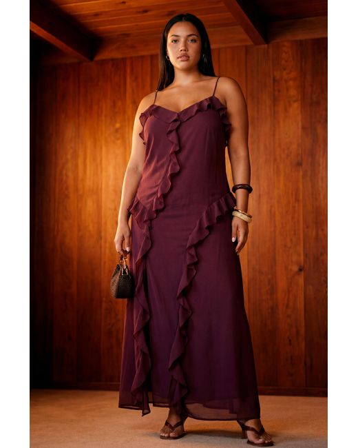 Boohoo Brown Plus Chiffon Strappy Ruffle Maxi Dress