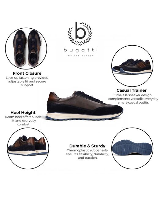 Bugatti Black Leather Lace-Up Trainer Sneaker Shoes for men