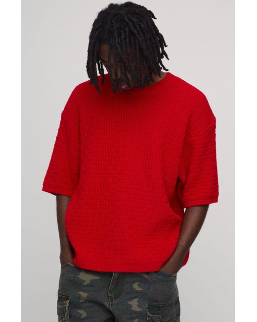BoohooMAN Red Boxy Geo Stitch Knitted T-Shirt for men