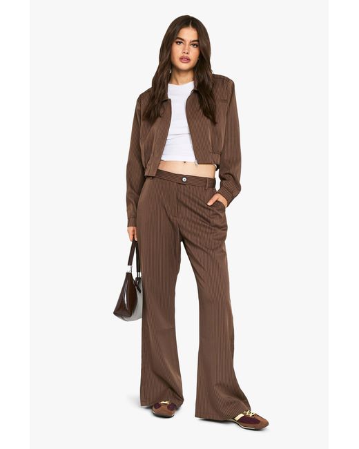 Boohoo Brown Pinstripe Slim Flare Tailored Trouser