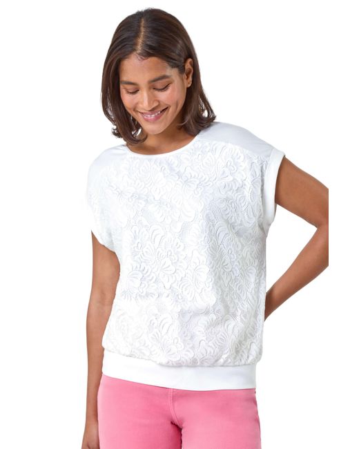 Roman White Lace Panel Stretch Jersey Top