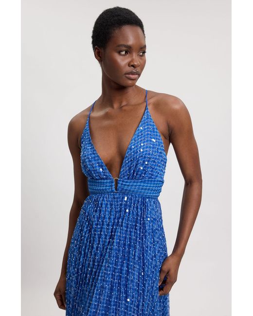 Karen Millen Blue Beaded Embellished Full Maxi Dress