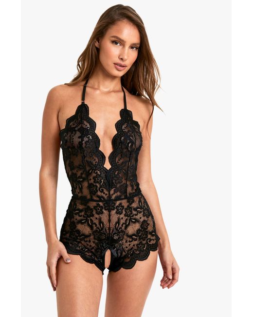 Boohoo Black Crotchless Lace Bodysuit