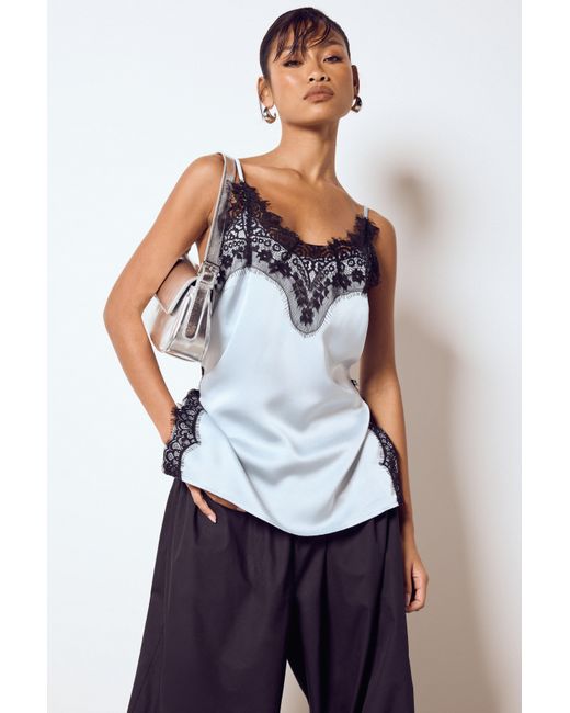 Boohoo White Lace Side Split Satin Cami Top