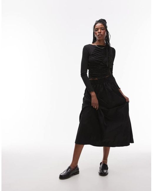 TOPSHOP Black Long Sleeve Shirred Top