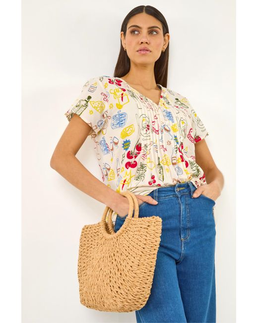 Roman Blue Holiday Print Pleated V-Neck Top