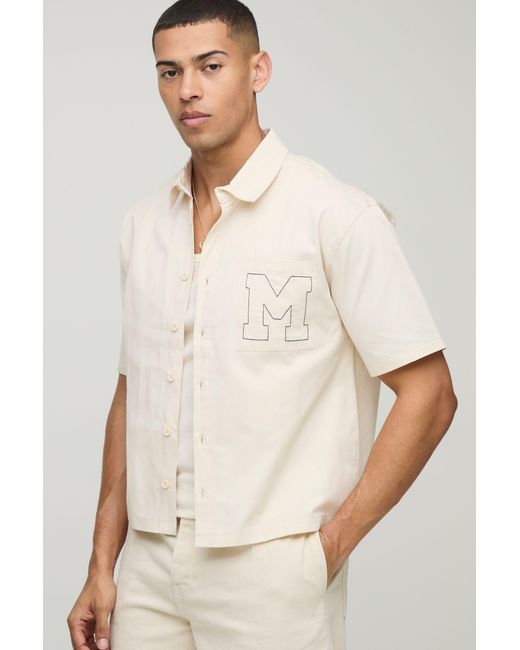 BoohooMAN Natural Oversized Boxy Short Sleeve Embroidered Shirt for men