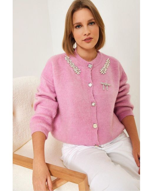 Bianco Lucci Pink Embellished Crew Neck Long Sleeve Cardigan