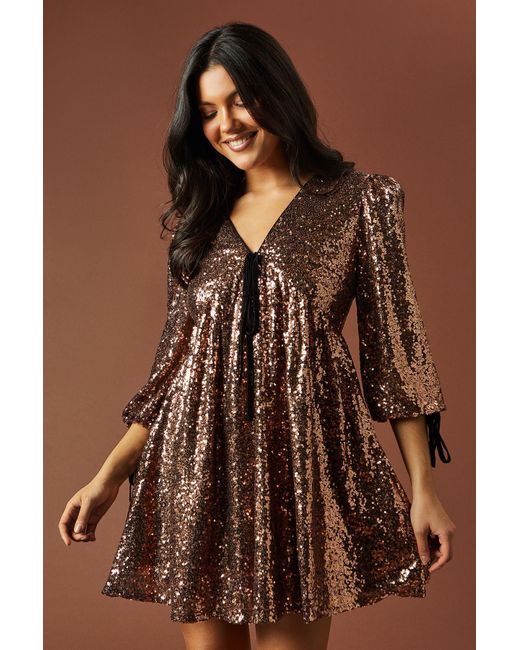 Oasis Brown Sequin Velvet Bow Puff Sleeve Mini Dress