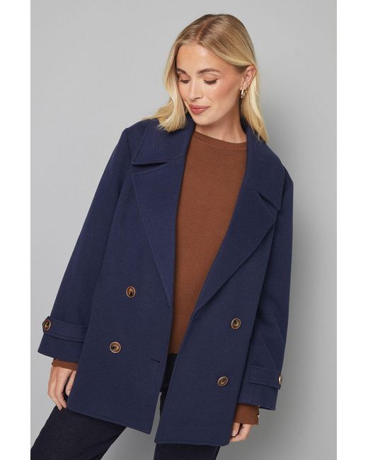 Wallis Blue Petite Mid Length Double Breasted Coat