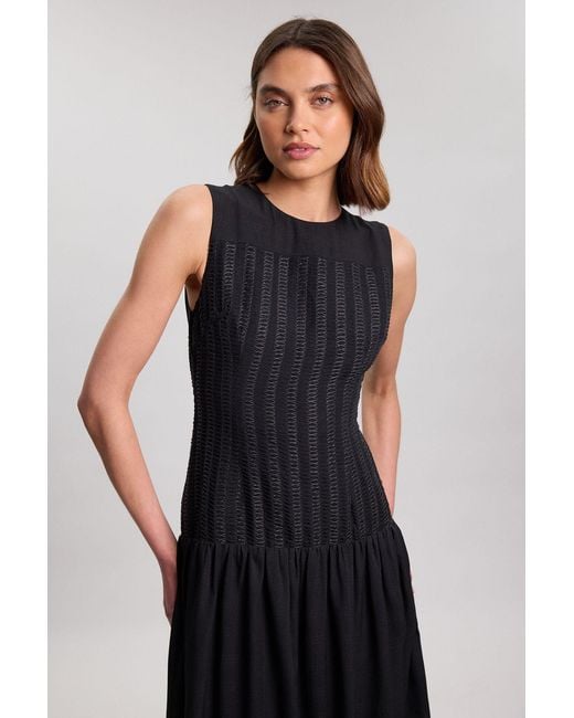 Karen Millen Black Textured Drop Waist Long Sleeve Woven Midi Dress
