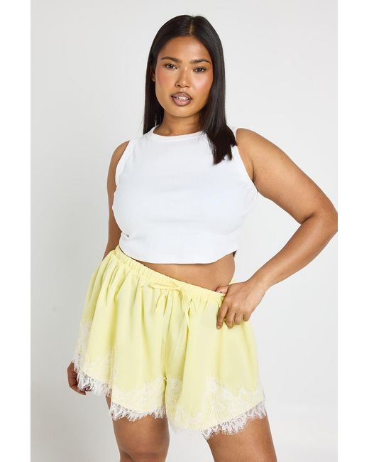Boohoo Yellow Plus Lace Trim Poplin Flippy Shorts