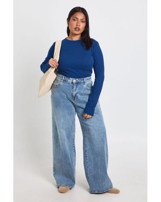 Boohoo Blue Plus Basic Rib Long Sleeve Fitted Longline Top