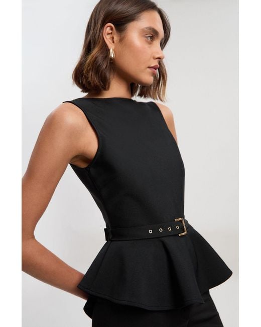 Karen Millen Black Figure Form Bandage Peplum Belted Knit Top
