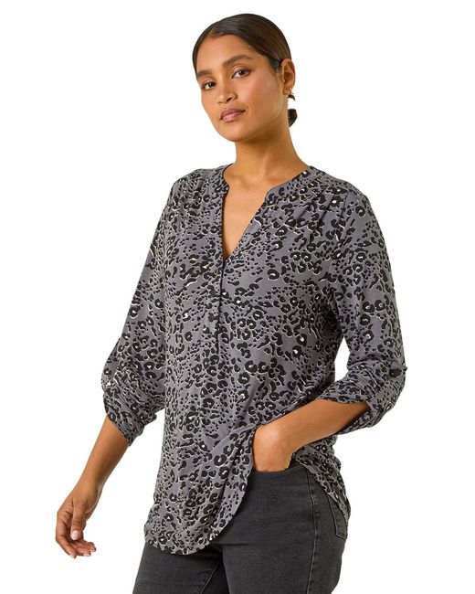 Roman Gray Animal Print Stretch Blouse