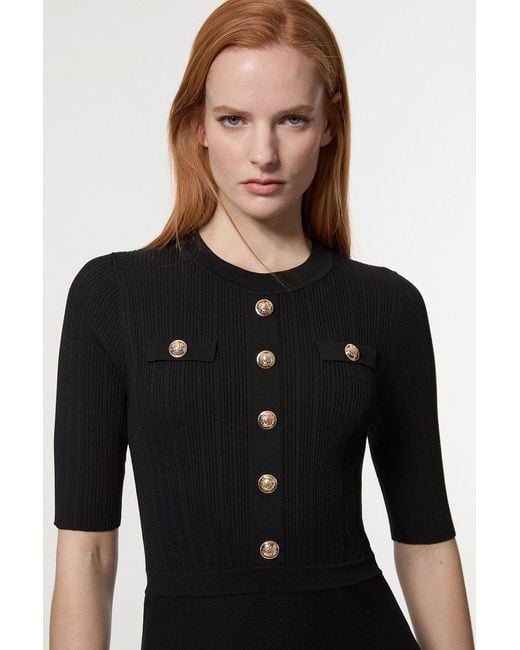 Karen Millen Black Petite Rib Knit Military Trim Maxi Dress