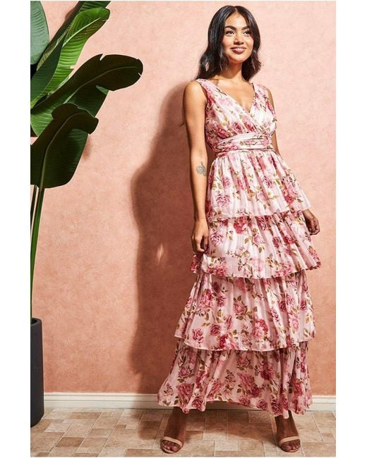 Goddiva Pink Tiered Chiffon Floral Maxi