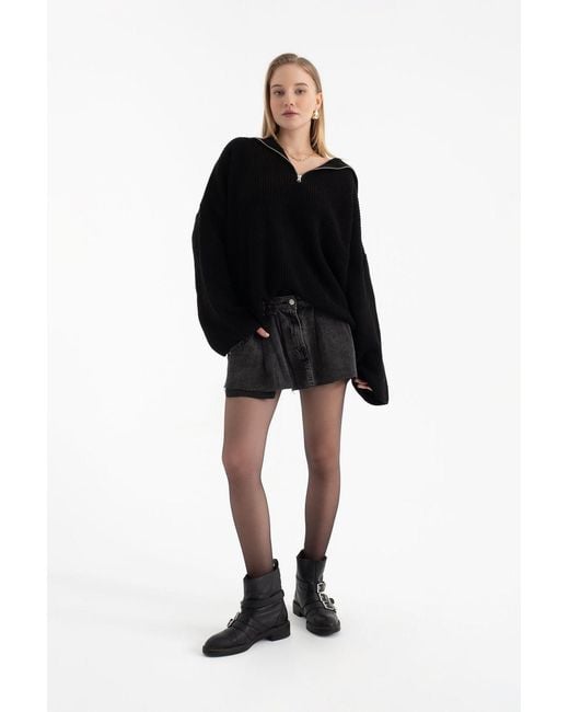 Hiccup Black Denim Mid Rise Pleated Mini Skirt With A Belt Detail