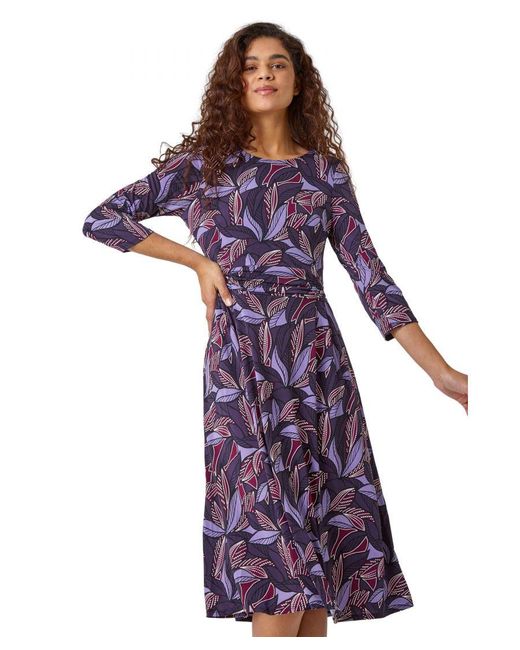 Roman Purple Leaf Print Gathered Stretch Dress