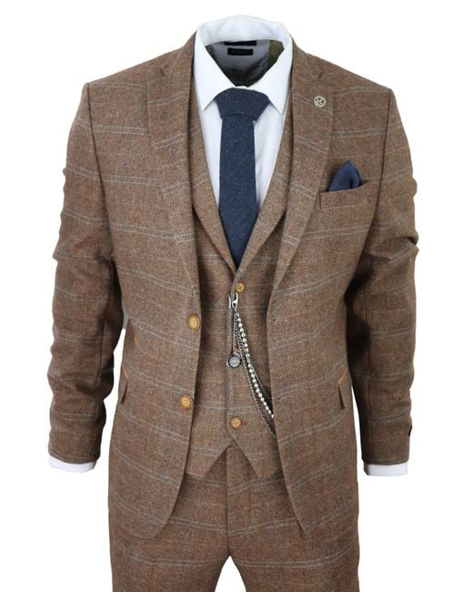 TruClothing Brown 3 Piece Wool Suit Tweed Herringbone Check Peaky Blinders Gatsby Canvas for men