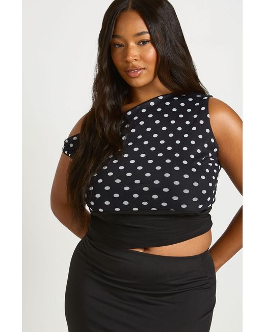 Boohoo Black Plus Mesh Off Shoulder Deep Waistband Polka Dot Top