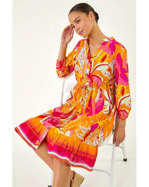 Roman Pink Petite Tropical Print Buttoned Dress