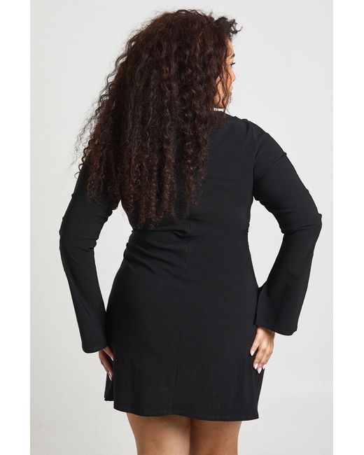 Boohoo Black Plus Ruched Waist Flared Sleeve Mini Dress