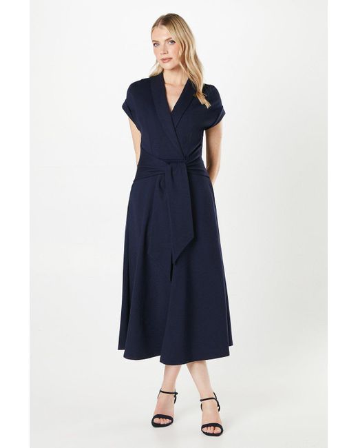 PRINCIPLES Blue Ponte Shawl Collar Tie Waist Midi Dress