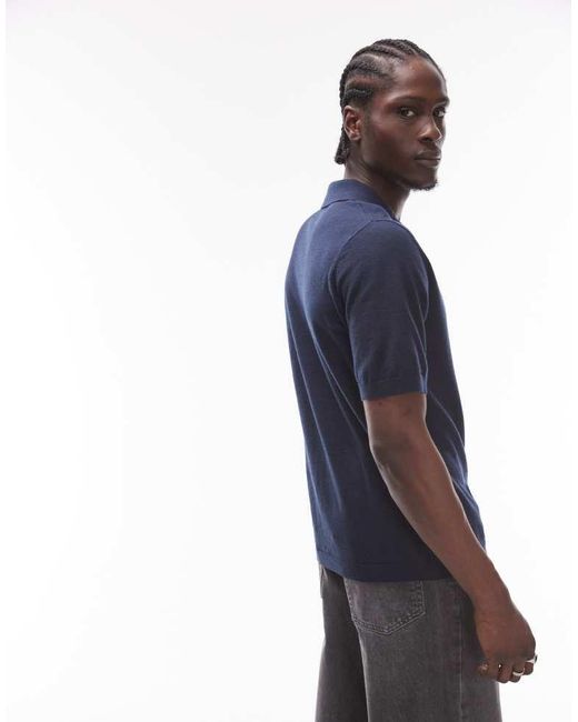 Topman Blue Short Sleeve Knitted Open Revere Shirt for men