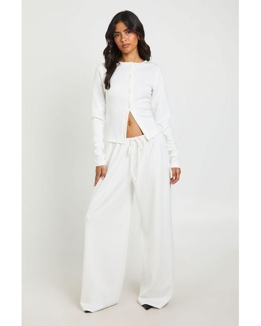 Boohoo White Soft Touch Button Through Long Sleeve Top And Straight Leg Jogger Set