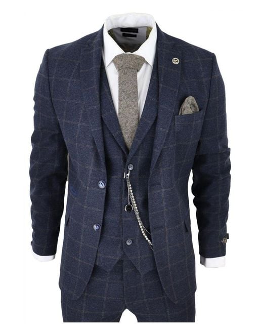 TruClothing Blue 3 Piece Wool Suit Tweed Check Peaky Blinders 1920 Gatsby Formal Canvas for men