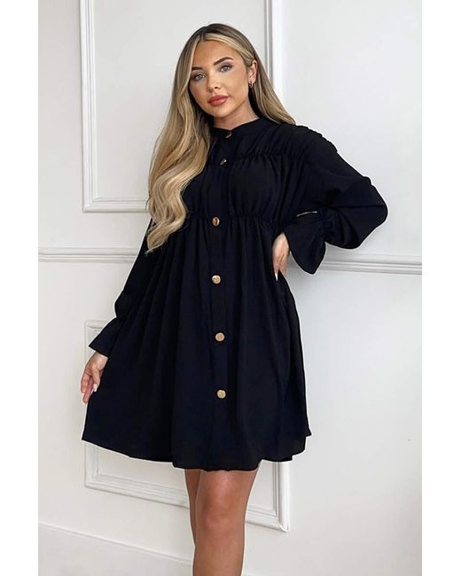 AX Paris Blue Long Sleeve Gathered Detail Button Front Dress