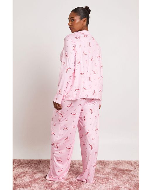 Boohoo Pink Plus Bow Cocktail Long Sleeve Shirt And Trousers Pyjama Set