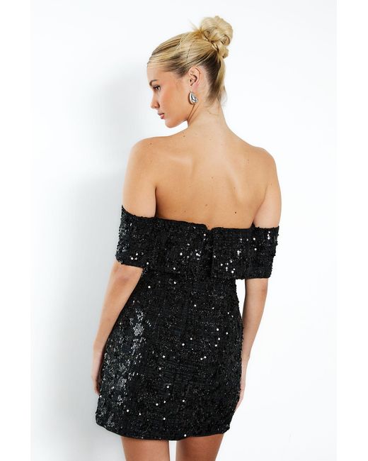 Boohoo Black Bardot Boucle Sequin Shift Mini Dress