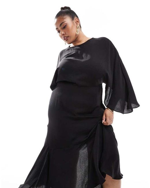 ASOS Black Design Satin Flutter Sleeve Asymmetric Hem Midi Dress