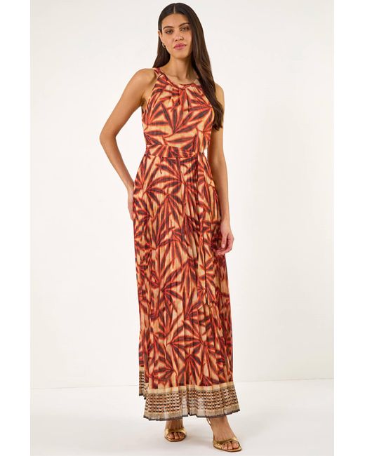 Roman Red Abstract Pleated Halter Neck Maxi Dress