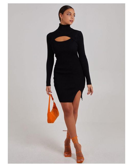 Pink Vanilla Black Ribbed Roll Neck Front Split Dress