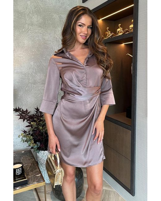 AX Paris Gray 3/4 Sleeves Gathered Waist Detail Satin Mini Dress
