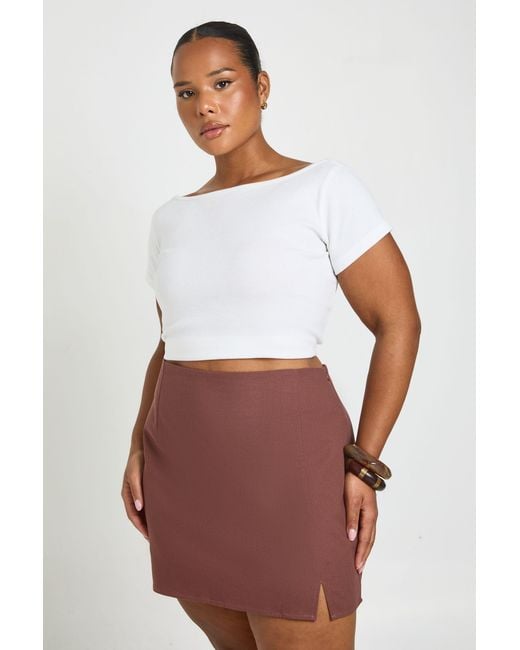 Boohoo White Plus Linen Look Split Front Mini Skirt