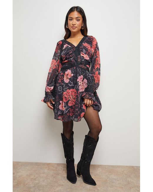 Oasis Petite Printed Lace Trim Gathered V Neck Mini Dress