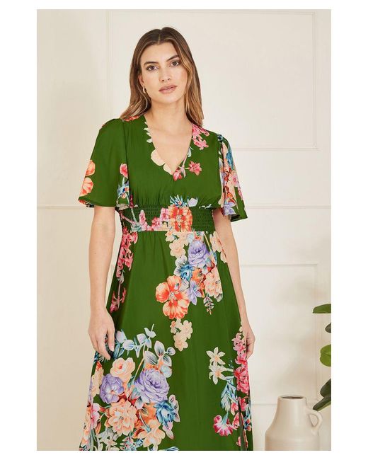Mela London Green Floral Ruched Waist Maxi Dress With Split Hemline